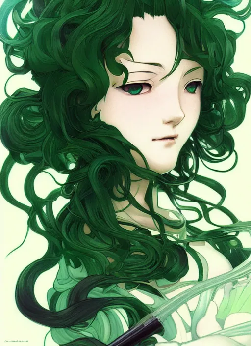 Image similar to detailed portrait art of tatsumaki with green curly hair, art by ross tran ilya kuvshinov krenz cushart, by alphonse mucha, very detailed, intricate, digital anime art, sharp focus