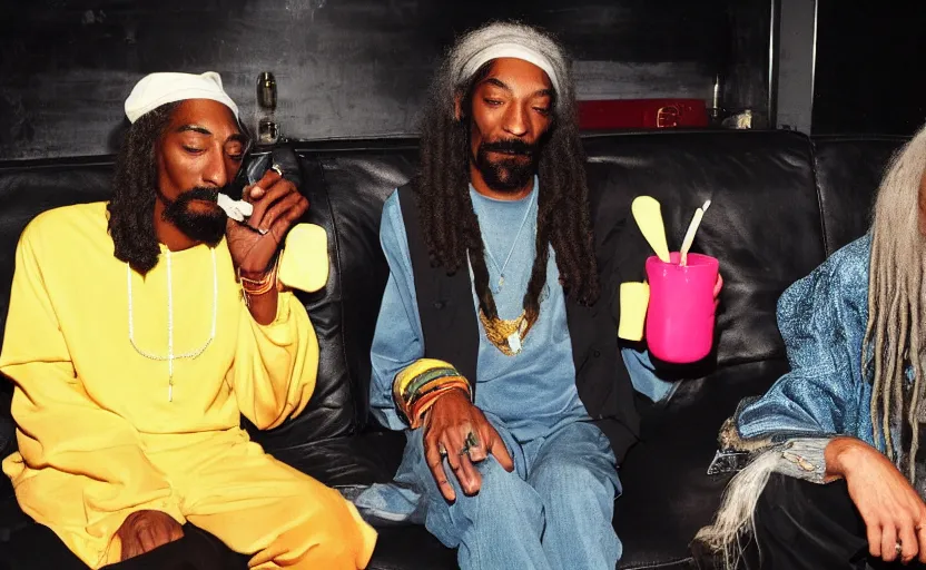 Image similar to a smartphone picture of stoned gandalf and snoop dogg smoking a joint sitting on a couch in a neon night club,