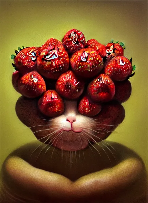 Image similar to hyper detailed 3d render like an Oil painting - Strawberry Cat chimera by Jacek Yerka, Mariusz Lewandowski, Houdini algorithmic generative render, Abstract brush strokes, Masterpiece, Edward Hopper and James Gilleard, Zdzislaw Beksinski, Mark Ryden, Wolfgang Lettl, hints of Yayoi Kasuma, octane render, 8k