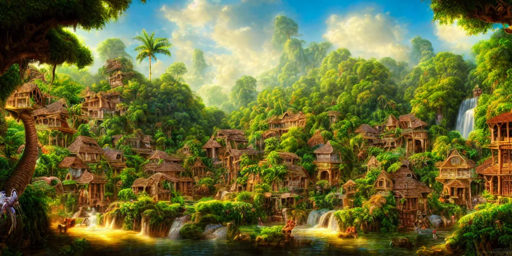 Image similar to village in a tropical eastern waterfall valley, with great birds, lush wildlife, rich geometry, ancient ruins, fantasy, precise and incredibly highly detailed intricate 8 k wallpaper, john stephens, lisa frank, tim white, rococo, hr giger, krenz cushart, long shot dramatic lighting, crisp intricate stunning award winning masterpiece trending on artstation beautiful