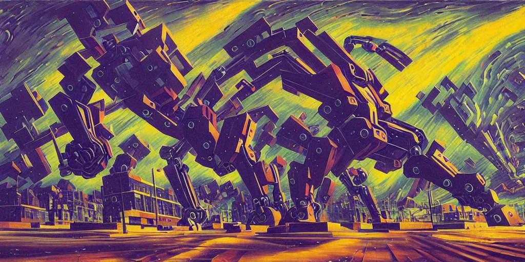 Image similar to Dynamism of a giant robot by Simon Stålenhag and Umberto Boccioni, oil on canvas