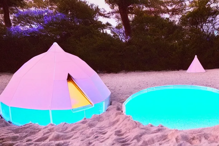 Prompt: a vintage family holiday photo of an empty beach from an alien dreamstate world with chalky pink iridescent!! sand, reflective lavender ocean water and a pale igloo shaped plastic transparent bell tent opposite a fire pit with an iridescence blue flame. refraction, volumetric, light.