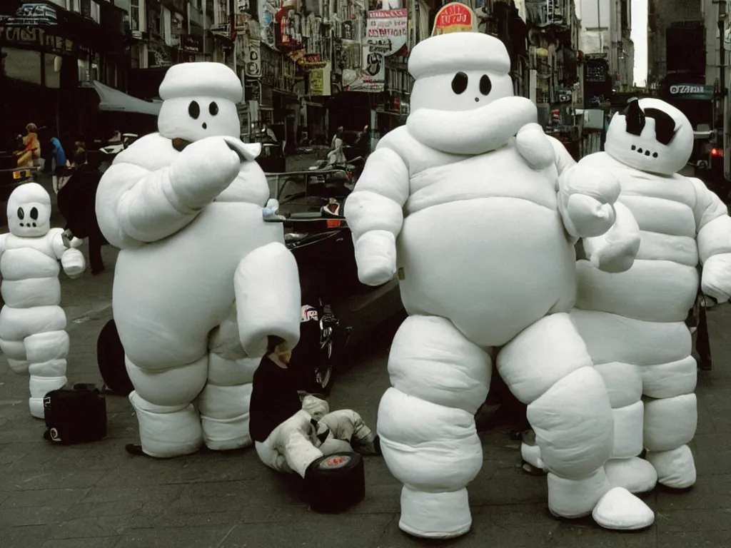 Prompt: 3 5 mm photography of michelin man and stay - puft marshmallow man taken by harry gruyaert