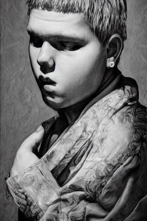 Image similar to portrait of yung lean renaissance style, hyper detailed face, trending on artstatio, beautiful