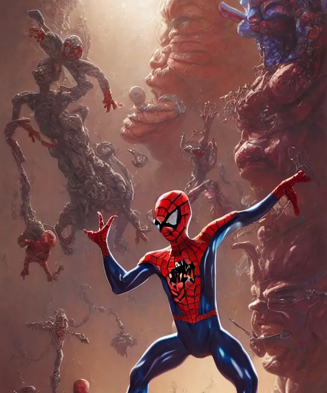 Image similar to beautiful fantasy baby spiderman portrait, ultra realistic, wide angle, intricate details, the fifth element artifacts, highly detailed by peter mohrbacher, hajime sorayama, wayne barlowe, boris vallejo, aaron horkey, gaston bussiere, craig mullins