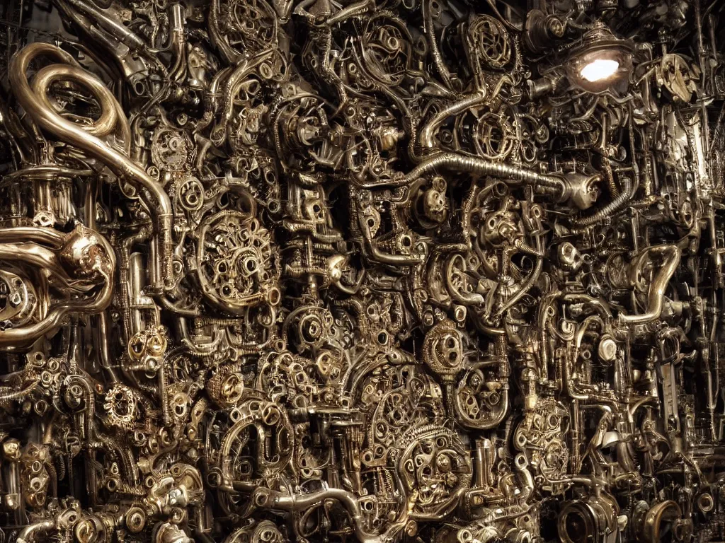 Image similar to < highly detailed machinery, gold silver copper bronze metal, hundreds of gears, a thousand pipes, human skulls, ivory eyeballs, rust, rivets, dark gloomy with creepy lighting, style of H.R. Giger