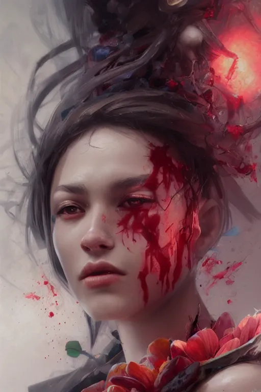 Image similar to abstract face closeup of beautiful girl predator covered with blood, 3 d render, hyper realistic detailed portrait, holding magic flowers, ruan jia, wlop. scifi, fantasy, hyper detailed, octane render, concept art, by peter mohrbacher, by wlop, by ruan jia