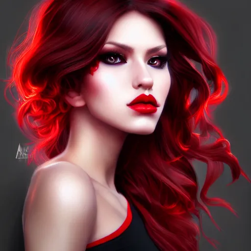 Image similar to a realistic illustration portrait of a beautiful liz katz with curly black and red hair, black eyeliner, trending on artstation, hyper - realistic lighting, intricate, ross tran