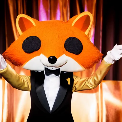 Prompt: Professional photograph of an anthropomorphic male fox wearing a fancy tuxedo, handsome eyes and a charismatic smile, hosting a show at a cabaret