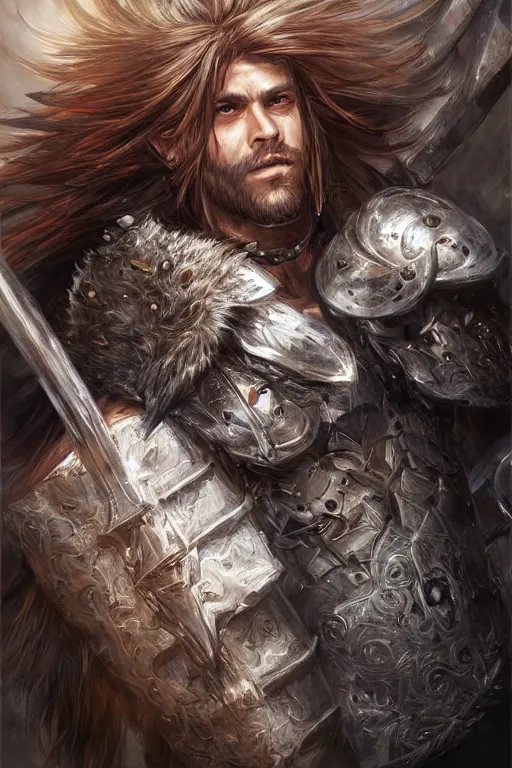 Image similar to A realistic anime portrait of a wild long haired male barbarian wearing an intricate armor, amber eyes, spear, viking fur cape, digital painting, by Stanley Artgerm Lau, Sakimichan, WLOP and Rossdraws, digtial painting, trending on ArtStation, SFW version