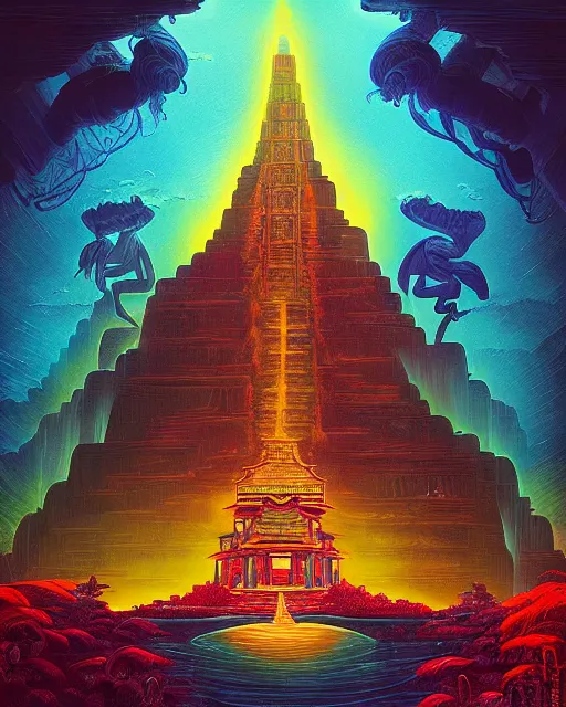 Image similar to ancient alien waterfall temple with flying demons, chris mars, alena aenami, dan mumford