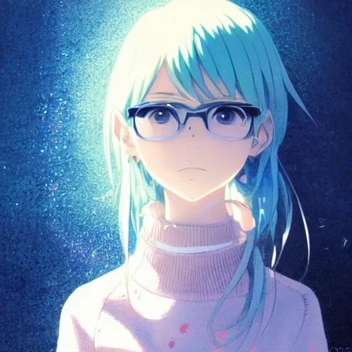Prompt: anime cute girl in blue sweater white white pale hair black glasses standing psychedelic background by greg rutkowski makoto shinkai kyoto animation key art feminine mid shot