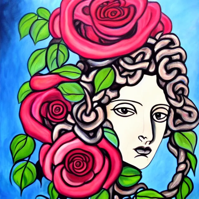 Prompt: a beautiful painting medusa's head is in the rose, by theoretical part painting