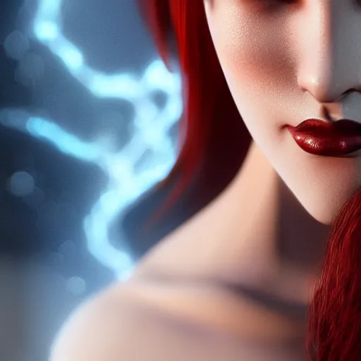 Image similar to redhead vampire sorceress, perfect face viewed in profile, bright glowing blue and silver eyes, gold shirt, cinematic, floating ash, stunning, highly detailed, artstation, smooth, hard focus, concept art, art by artgerm and greg rutkowski and alphonse mucha, volumetric lighting, octane render, 4 k resolution, trending on artstation, masterpiece