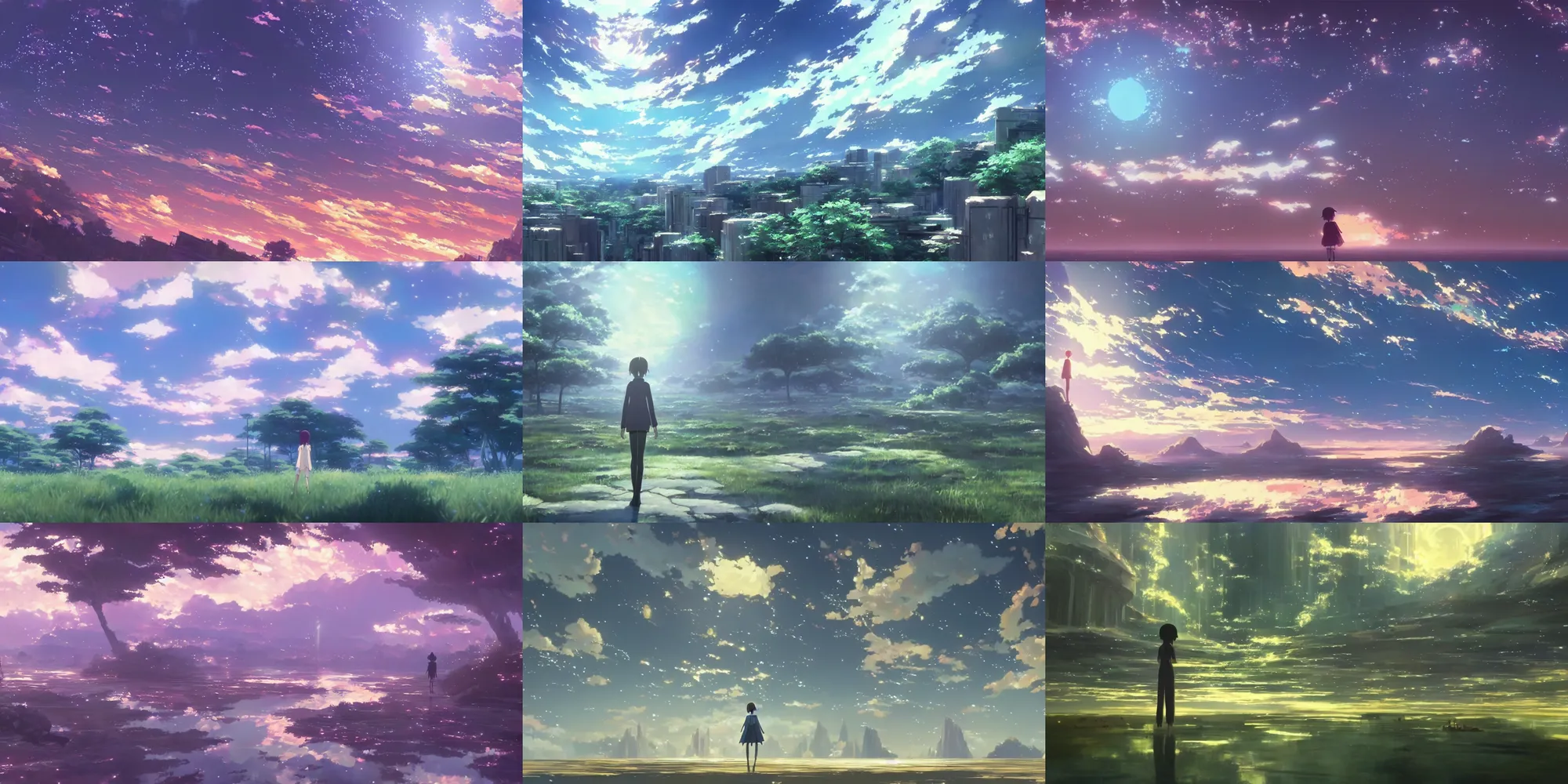 Prompt: a painting of a beyond - dimensional fantasy world, reality infused with dreams, in a screenshot from the science fiction anime film by makoto shinkai