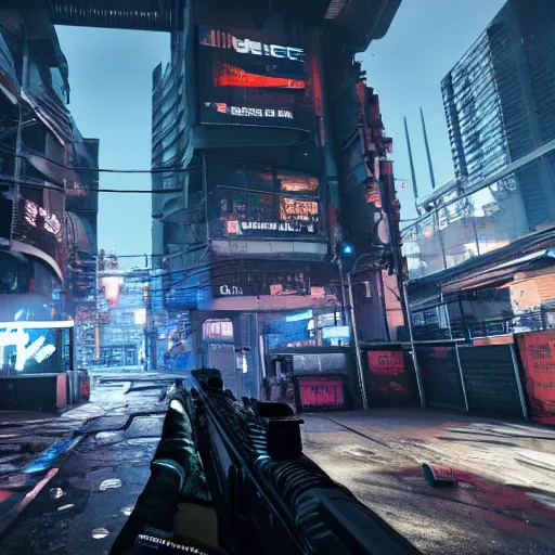 Image similar to futuristic call of duty game set in a cyberpunk city, ps 5, 8 k