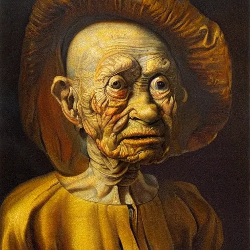 Prompt: oil painting portrait of an aging alien, oil on canvas, dutch golden age, rembrandt, rubens, vermeer, extremely detailed, masterpiece, rich colours, intense contrast, chiaroscuro, intricate, dutch golden age