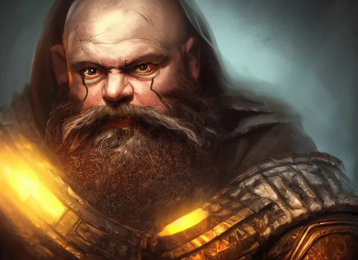 Prompt: Beautiful art portrait of a male dwarf warrior in a dark mystical dark dungeon setting, octane render, dungeons and dragons, dynamic lighting