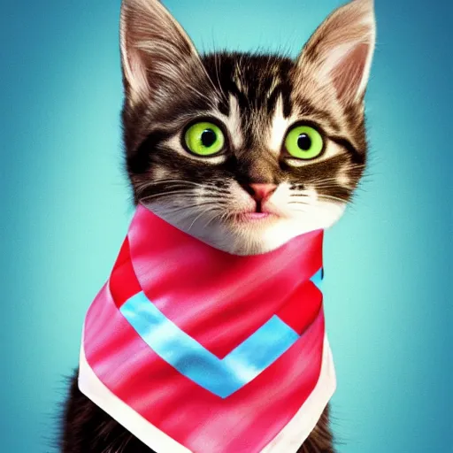 Prompt: a kitten wearing a neckerchief. pixar.