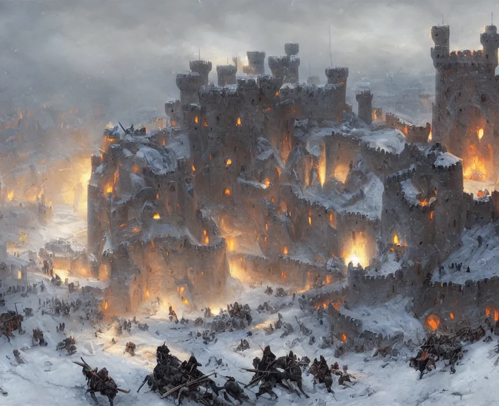 Image similar to Siege of a medieval castle in winter while two great armies face each other fighting below and catapults throw stones at the castle destroying its stone walls, heavy snow storm, fantasy, medieval, fire, explosions and grey smoke here and there, highly detailed, Artstation, oil on canvas painting by greg rutkowski