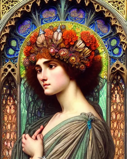 Image similar to hyperrealistic detailed portrait of a beautiful young goddess with an intricate headgear morphing into a gothic cathedral, authentic ornamental architecture, art by ernst haeckel, john william godward, android jones, alphonso mucha, h. r. giger, gothic, neo - gothic, ornamental, beautiful deep colours,