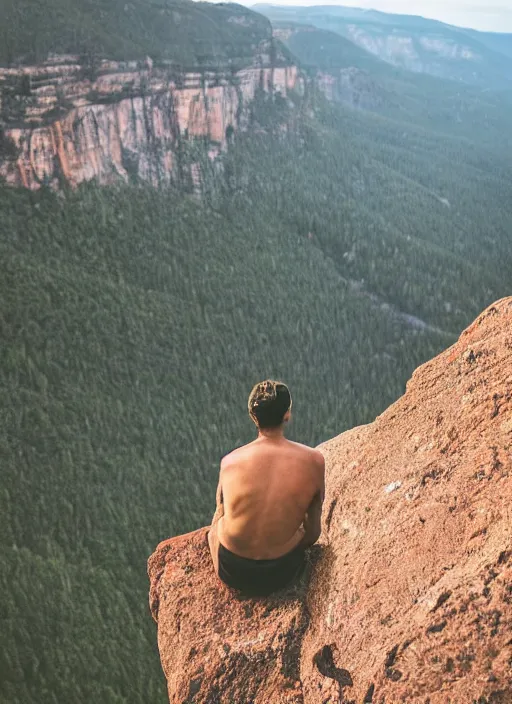 Prompt: an indigenous man sitting at the top of a cliff, looking down at the valley, doing a vision quest