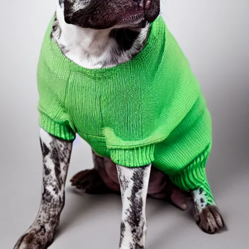 Image similar to American Staffordshire terrier wearing a green sweater, 8k