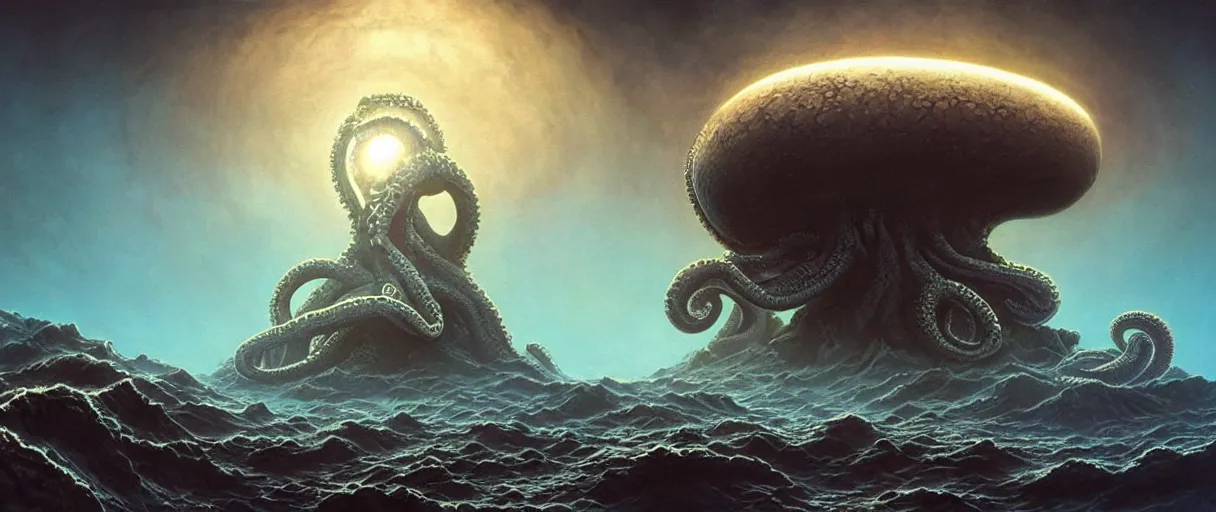 Prompt: detailed hyper realistic alien octopus demigod which looks deeply intimidating, menacing alien snake fighting giant spiders, floating island on a barren exoplanet, beautiful dramatic moody lighting, cinematic atmosphere, by Jean Giraud, Alex Grey, Zdzislaw Beksiński, Dan Mumford, Patiphan Sottiwilaiphong, Yintion J - Jiang Geping