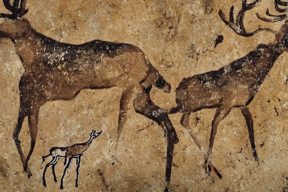 Image similar to a cave painting of a deer and r 2 - d 2. lascaux cave paintings, chauvet