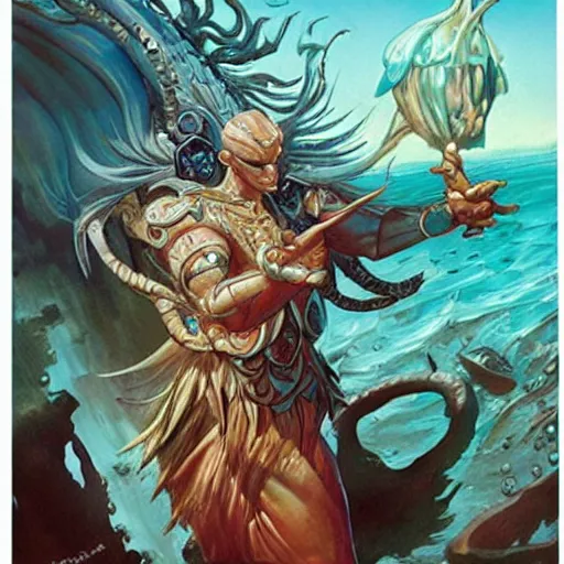 Prompt: the merfolk magus with a pearl in its hand, by jesper ejsing, magic the gathering