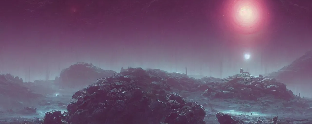 Image similar to ” outer planet with thick fog and alien artefacts, [ cinematic, detailed, epic, widescreen, opening, establishing, mattepainting, photorealistic, realistic textures, octane render, art by paul lehr ] ”