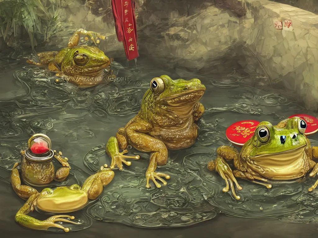 Image similar to a chinese frog in royal clothes bathing in a hot spring while smoking cigarette, digital painting, trending on artstation, deviantart, 8k, epic composition, intrinsic details, perfect coherence