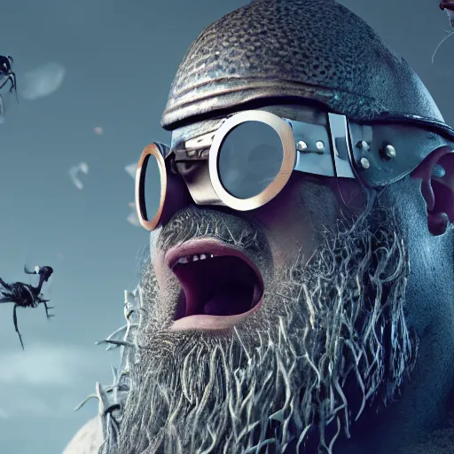 Image similar to highly detailed octane render of a close up portrait of an ugly man with a giant beard wearing goggles and armour and screaming in a cave whilst surrounded by large insects