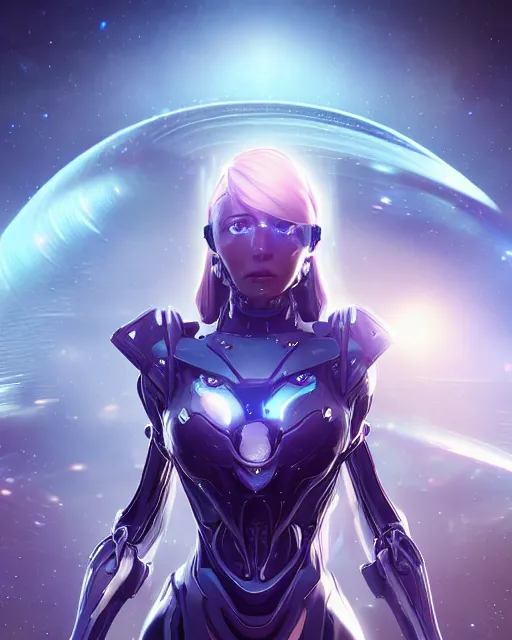 Image similar to perfect android girl on a mothership, warframe armor, beautiful face, scifi, futuristic, galaxy, nebula, raytracing, dreamy, long white hair, blue cyborg eyes, sharp focus, cinematic lighting, highly detailed, artstation, divine, by gauthier leblanc, kazuya takahashi, huifeng huang