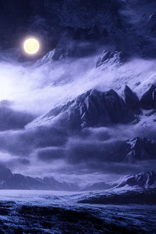 Prompt: a cgi landscape image with a cresent moon and mountains, cinematic matte painting, snowfall, stormy weather, neon lights, extreme detail photo quality, dark moody colors, featured on behance