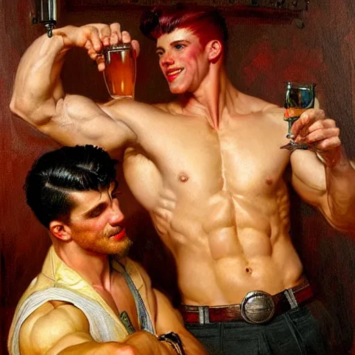 Image similar to attractive muscular male with red hair and muscular attractive male with black hair, drinking their hearts out, in a pub. very defined and highly detailed painting by j. c. leyendecker, gaston bussiere, craig mullins 8 k