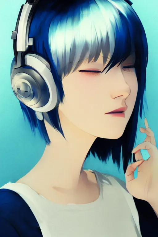 Prompt: a cute young woman listening to music with her eyes closed and wearing headphones in the style of Ilya Kuvshinov and Range Murata, white bob cut hair, darkened room background, blue filter, blue and white, soft lighting, atmospheric, cinematic, moody, digital painting, 8k