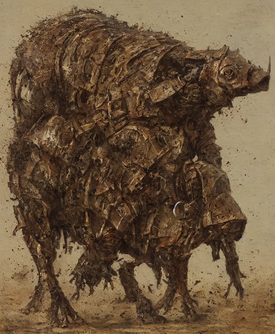 Prompt: Muddy bipedal warthog in armor. Armored warthog humanoid. Soot and stained warthog. oldpainting, oldmasters, digital illustration, centered on warthog, oil on canvas, private collection