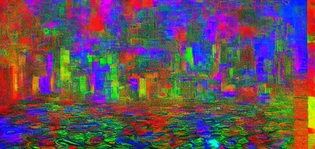 Prompt: a psychedelic city in the style of claude monet, digital art.