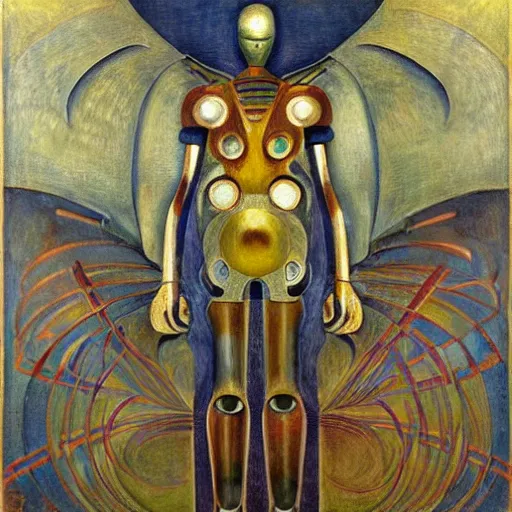 Prompt: portrait of a robot shaman, by annie swynnerton and edward hopper and jean delville and rufino tamayo and evelyn de morgan, art deco shaman, stylized geometric flowers, art brut, outsider art, symbolist, dramatic lighting, god rays, clean crisp graphics, smooth sharp focus, extremely detailed, adolf wolfli