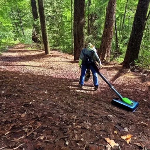 Image similar to trail cam footage of someone vacuuming a trail