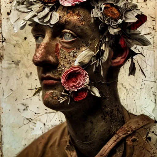 Image similar to a painting of a very ordinary person, by Anselm Kiefer, mixed media, rusted metal, flowers, anatomically correct, beautiful perfect face, sharp focus, Highly Detailed, Cinematic Lighting, octane render, volumetric lighting, post-production, 8k, HD