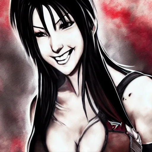 Image similar to high quality art of tifa lockhart with tattoos, smiling, trending on artstation