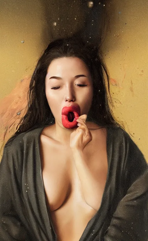 Prompt: portrait of a girl, in a silk robe, honey dripping down her top to bottom, petrolium erupting out of her mouth, hyperrealistic, hightech