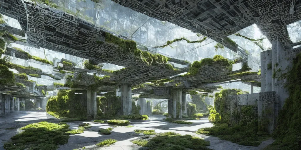 Prompt: concrete architecture with many walkways connecting the structures with moss and ivy growing all over, futuristic, late afternoon light, wispy clouds in a blue sky, by frank lloyd wright and greg rutkowski and ruan jia