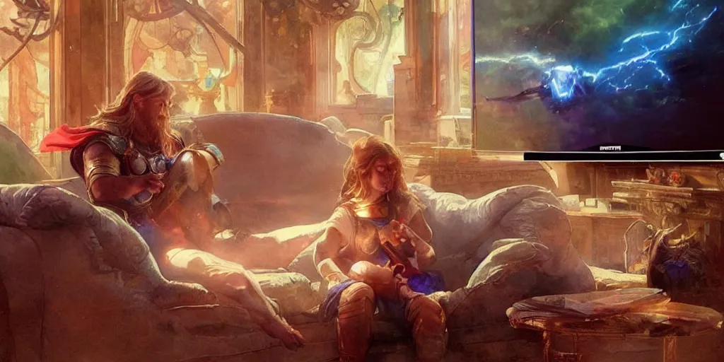 Prompt: a beautifull intricate watercolour painting of a cute thor playing video games!! on a couch watching big screen television, warm colors, cinematic frame, contest, verry high details by william turner art, greg rutkowski and alphonse mucha, trending on artstation, very very detailed, masterpiece, vibrant colors