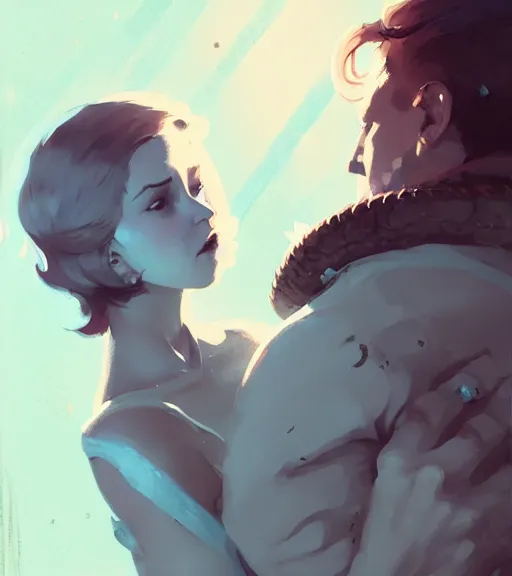 Image similar to portrait of anders from dragon age hugging a beautiful woman by atey ghailan, by greg rutkowski, by greg tocchini, by james gilleard, by joe fenton, by kaethe butcher, dynamic lighting, gradient light blue, brown, blonde cream and white color scheme, grunge aesthetic