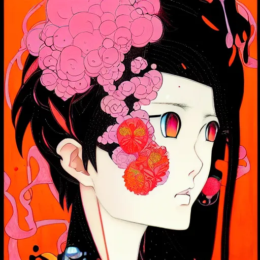 Image similar to prompt : pink and orange and black portrait soft light painted by james jean and katsuhiro otomo and erik jones, inspired by evangeleon anime, smooth face feature, intricate oil painting, high detail illustration, sharp high detail, manga and anime 1 9 9 9