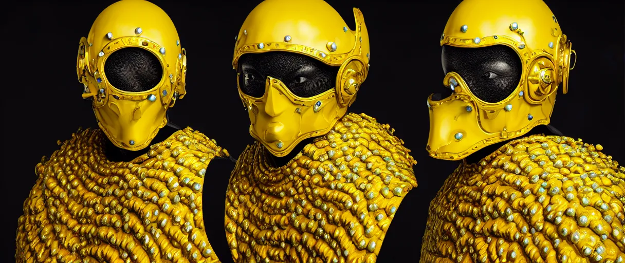 Image similar to hyperrealist highly detailed english medieval portrait of high fashion monster wearing car part yellow cab armor, radiating atomic neon corals, concept art pascal blanche dramatic studio lighting 8k wide angle shallow depth of field