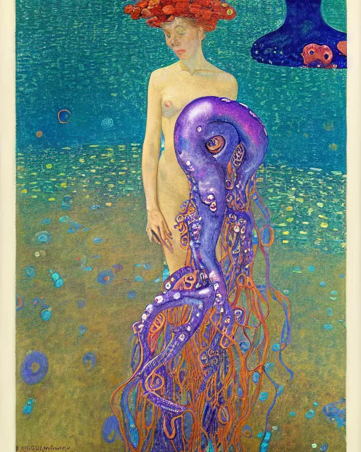 Image similar to a beautiful girl underwater wearing a colourful octopus as a dress and surrounded by colourful jellyfish, painted by gustave klimt, edgar maxence, edward hopper, wayne barlowe, james gilleard and james jean